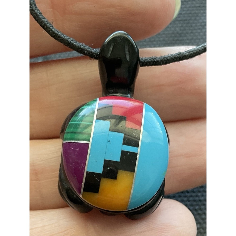 Southwestern-style Zuni inlaid turtle pendant necklace Black Onyx Carved